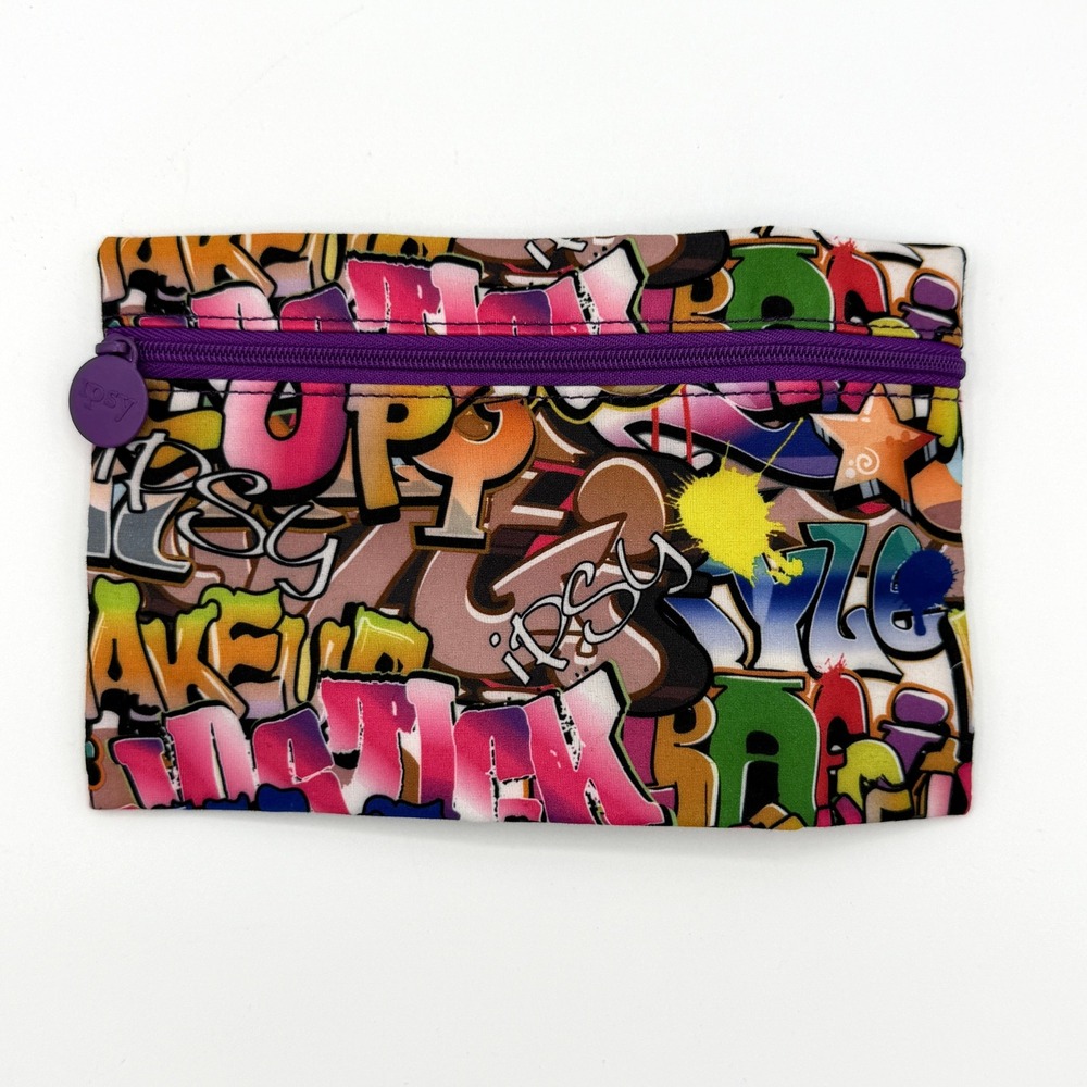 Ipsy Graffiti Print Makeup Bag Cosmetic Pouch Purple Zipper Street Art Style
